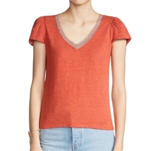 Maje Orange Linen Metallic V-Neck Trocadero Top Terracotta Short Sleeve Shirt